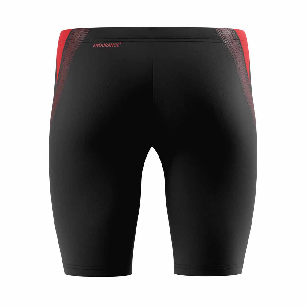 Speedo men's Hyperboom Splice jammer in anthracite and high risk red, featuring a sleek swimwear design and comfortable fit.