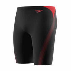 Speedo men's Hyperboom Splice jammer swimsuit in anthracite and high risk red, featuring a sleek, fitted swimwear design.