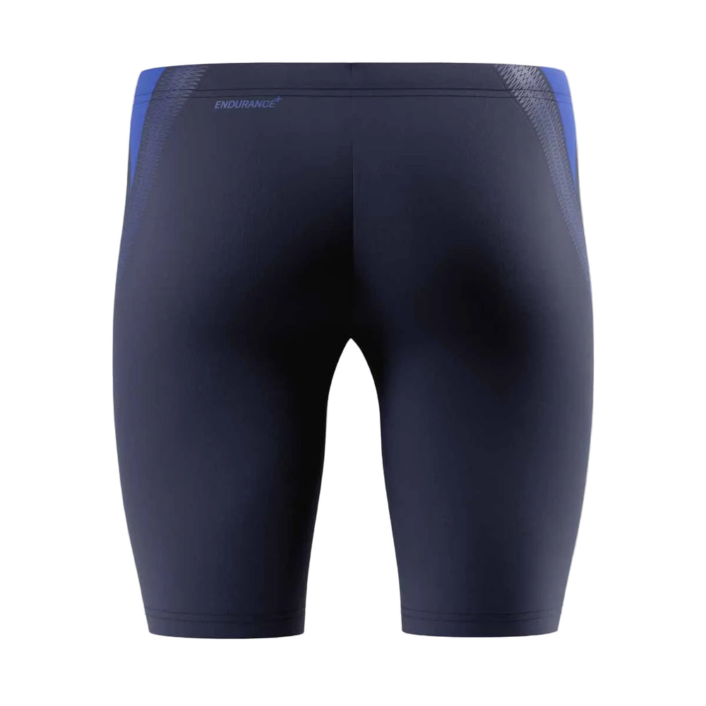 Speedo men's Hyperboom Splice jammer in Peacoat and Deep Sapphire, featuring a sleek swimwear design with colorful splice pattern.