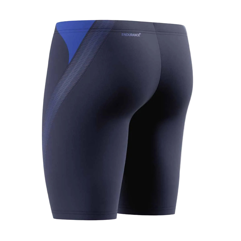 Speedo men's Hyperboom Splice jammer in peacoat and deep sapphire, featuring a sleek swimwear design with colorful splice details.