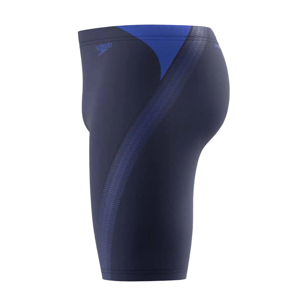 Speedo men's Hyperboom Splice jammer in peacoat and deep sapphire, showing the sleek swimwear design and vibrant color pattern.
