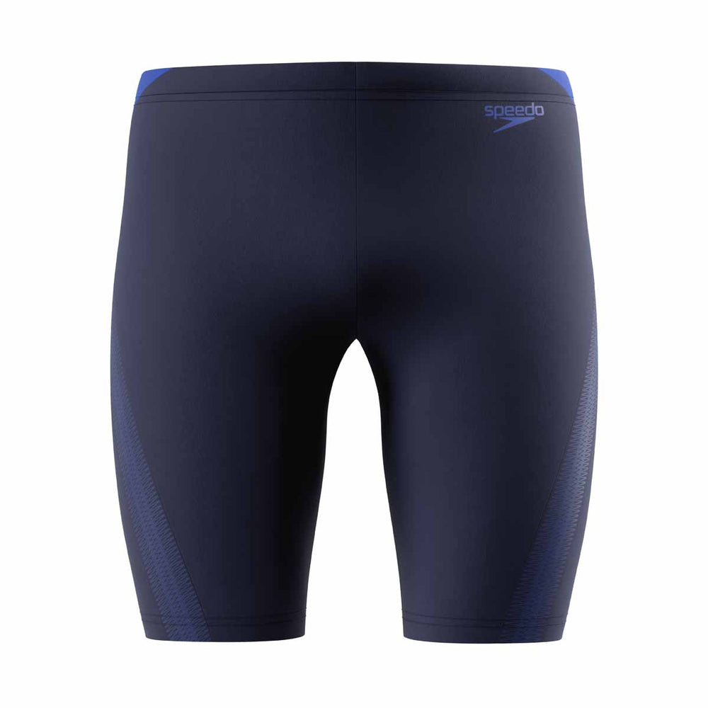 Speedo men's Hyperboom Splice jammer in peacoat and deep sapphire, featuring a sleek swimwear design with color splices.