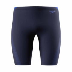 Speedo men's Hyperboom Splice jammer in peacoat and deep sapphire, featuring a sleek swimwear design with color splices.