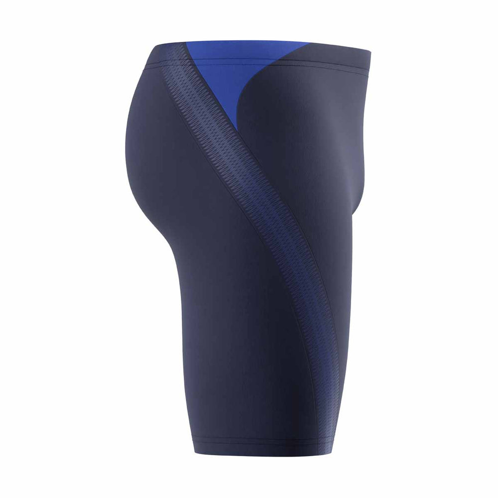 Speedo men's Hyperboom Splice jammer swimsuit in peacoat and deep sapphire, featuring a sleek design and comfortable fit.