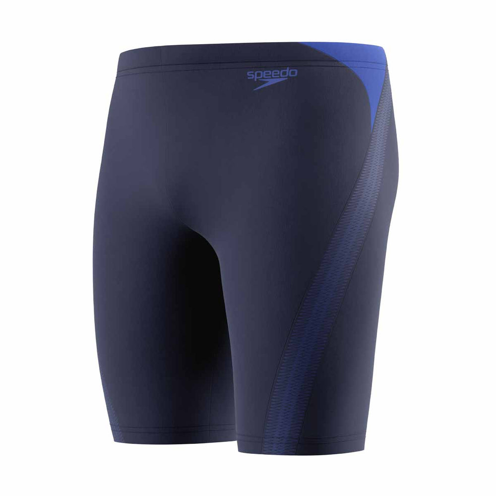 Speedo men's Hyperboom Splice jammer in peacoat and deep sapphire, featuring a sleek, fitted swimwear design for competitive swimming.