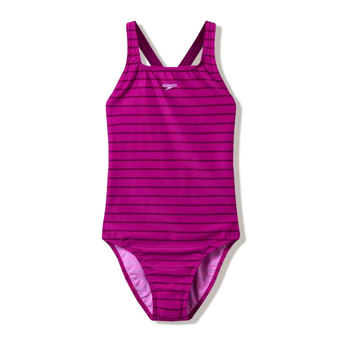 Speedo Women's Endurance+ Printed Medalist Swimsuit in Berry Cool and Wineberry with colorful floral pattern.