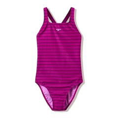 Speedo Women's Endurance+ Printed Medalist Swimsuit in Berry Cool and Wineberry with colorful floral pattern.