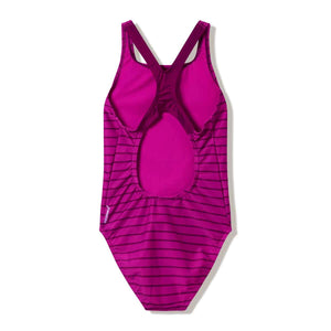 Speedo women's Endurance+ printed Medalist swimsuit in Berry Cool and Wineberry, featuring vibrant floral pattern and sleek fit.