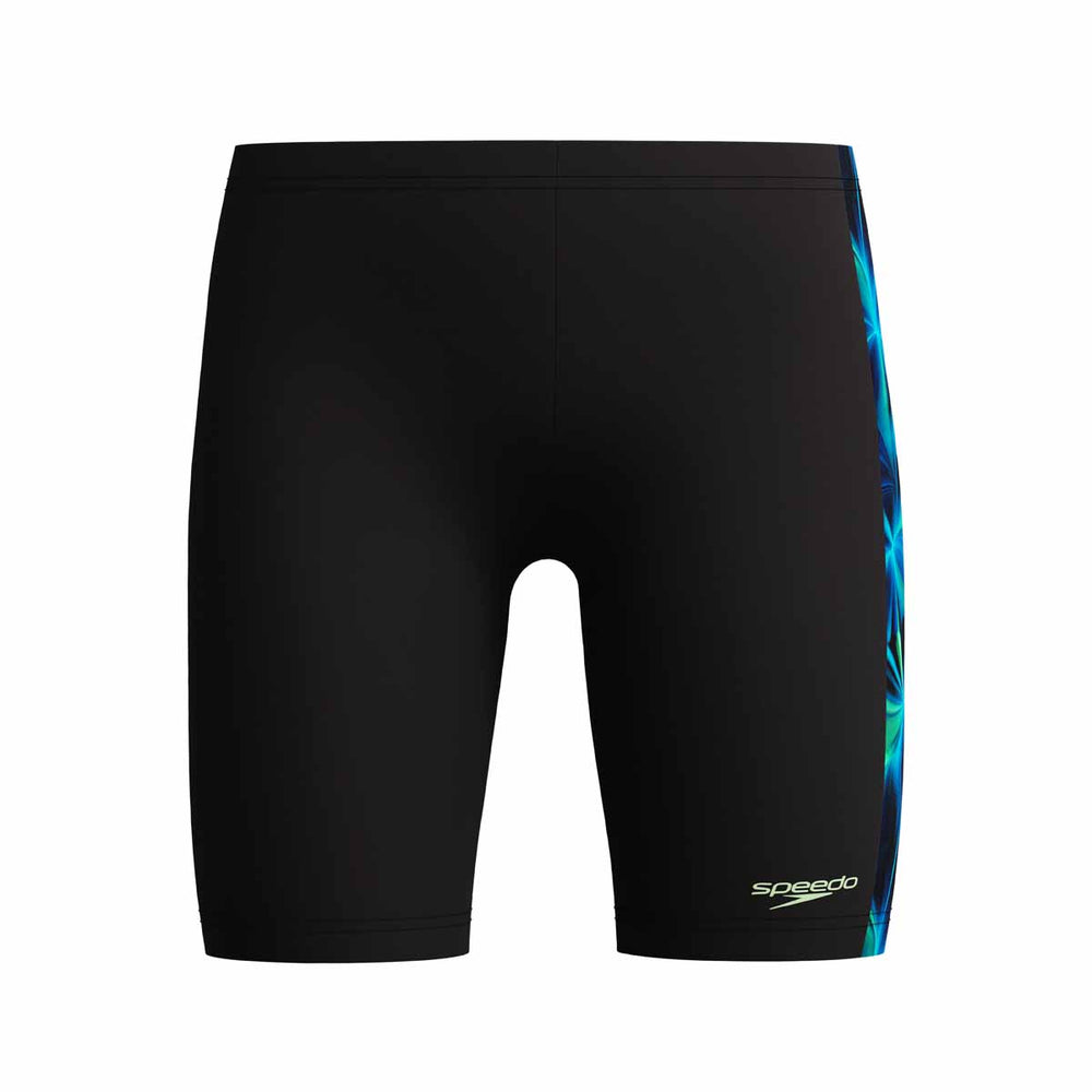 Speedo boys' digital panel jammer in anthracite and pale clover color, featuring a sleek design for competitive swimming.