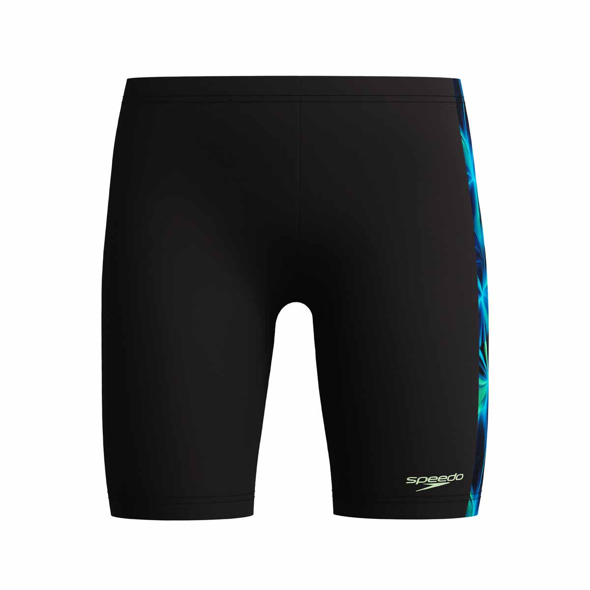 Speedo boys' digital panel jammer in anthracite and pale clover color, featuring a sleek design for competitive swimming.