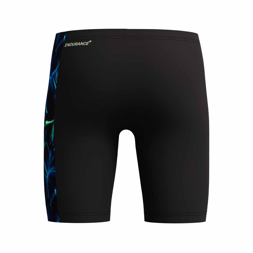 Speedo boys' digital panel jammer in anthracite and pale clover, showing a snug fit and sleek design for competitive swimming.