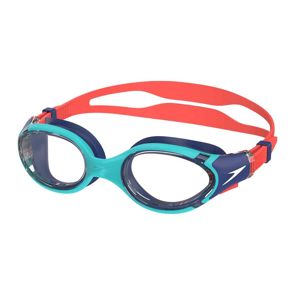 Speedo Junior Biofuse 2.0 goggles in aqua breeze and clear with adjustable straps and silicone seals for comfortable swimming.
