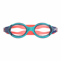 Speedo Junior Biofuse 2.0 goggles in Aqua Breeze and clear, featuring adjustable straps and a comfortable fit for young swimmers.