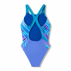 Speedo girls' print Powerback swimsuit in moonlight lavender and hyper teal with colorful floral pattern.