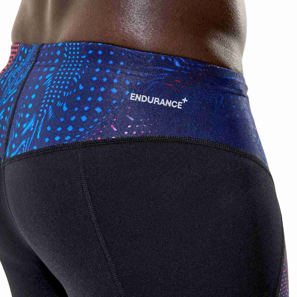 Speedo men's Endurance+ Max Compression jammer in anthracite and peacoat, shown in a close-up of the durable swimwear fabric.