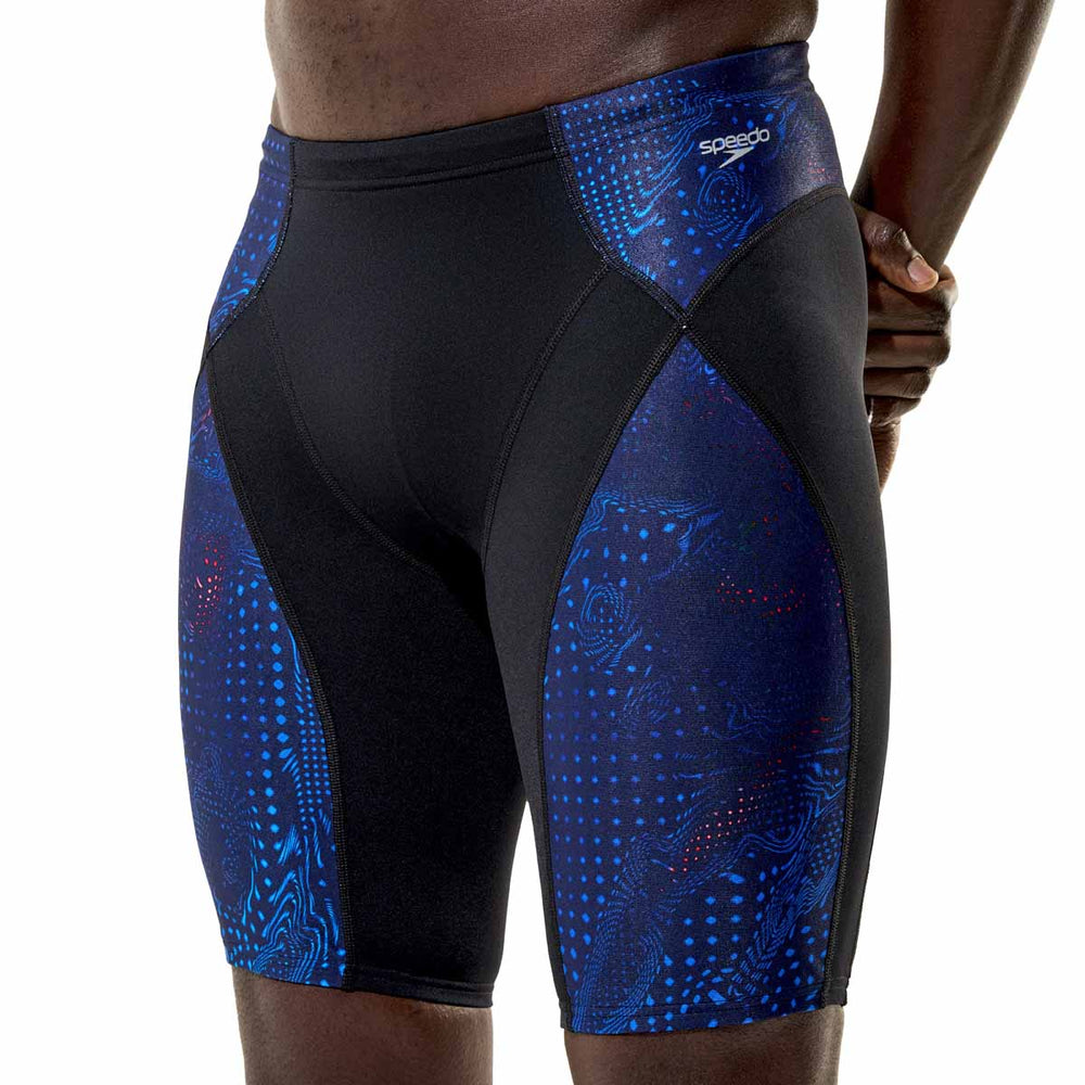 Speedo men's Endurance+ Max Compression Jammer in anthracite and peacoat, designed for swimming performance and durability.