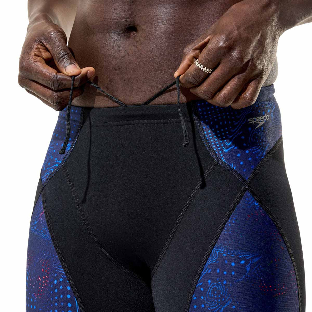 Speedo men's Endurance+ Max Compression jammer in anthracite and peacoat, featuring a sleek, streamlined design for competitive swimming.