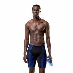 Speedo men's Endurance+ Max Compression Jammer in anthracite and peacoat, close-up of the fitted swimwear with logo detailing.