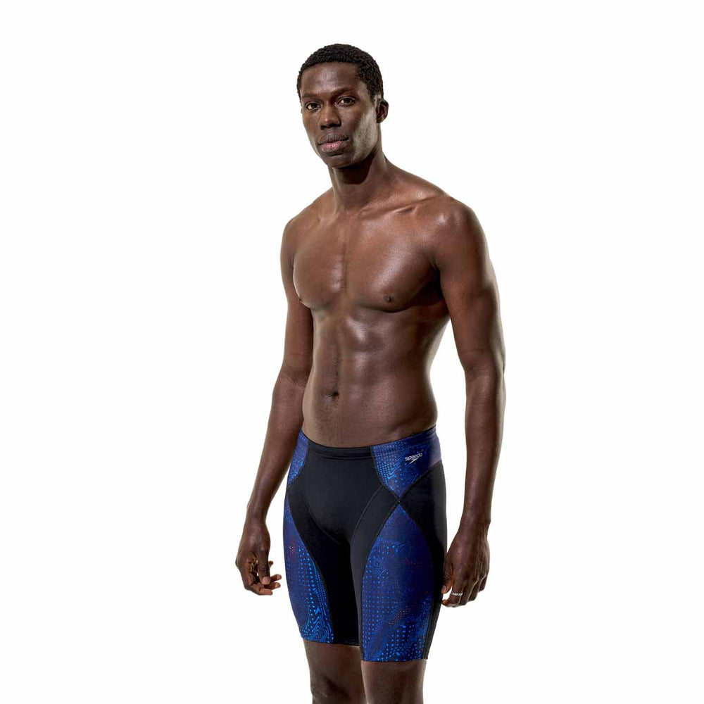 Speedo men's Endurance+ Max Compression jammer in anthracite and peacoat, featuring a sleek, fitted swimwear design for competitive swimming.