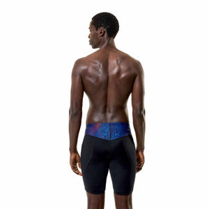 Speedo men's Endurance+ Max Compression jammer in anthracite and peacoat, featuring sleek swimwear design and secure fit.