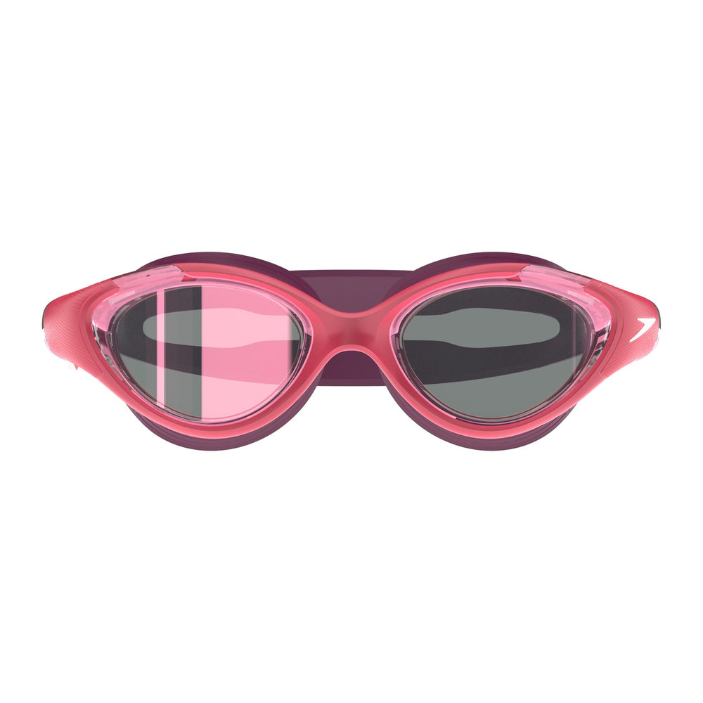 Speedo Women's Biofuse 2.0 Mirror Goggles in Guava, Steel, and Punch Mirror with reflective lenses and adjustable strap.