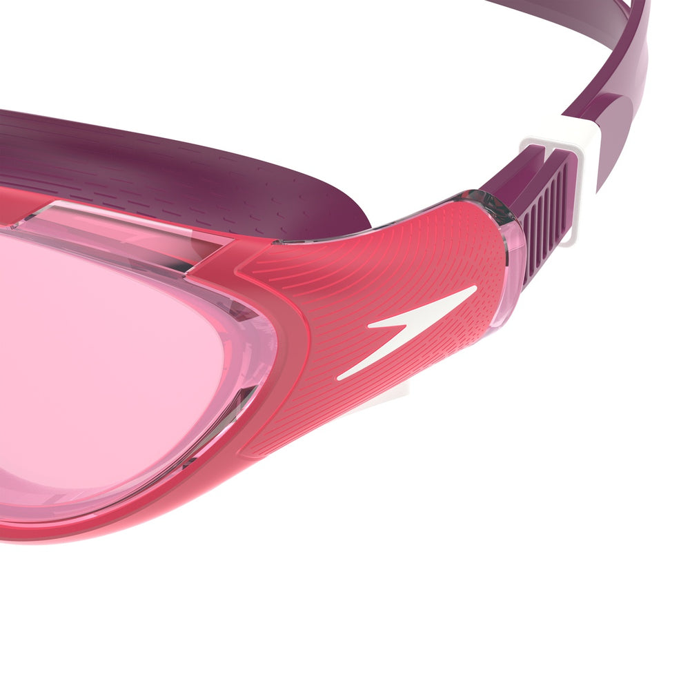 Speedo Women's Biofuse 2.0 Mirror Goggles in Guava, Steel, and Punch Mirror with adjustable straps and reflective lenses.