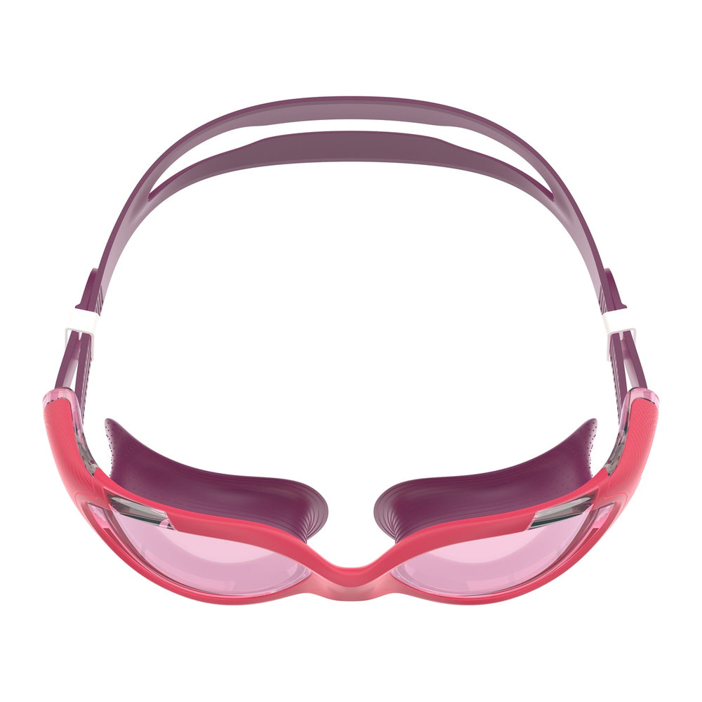 Speedo Women's Biofuse 2.0 Mirror Goggles in Guava, Steel, and Punch Mirror with mirrored lenses and adjustable straps.