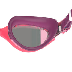 Speedo Women's Biofuse 2.0 Mirror Goggles in Guava, Steel, and Punch Mirror with reflective lenses and adjustable strap.