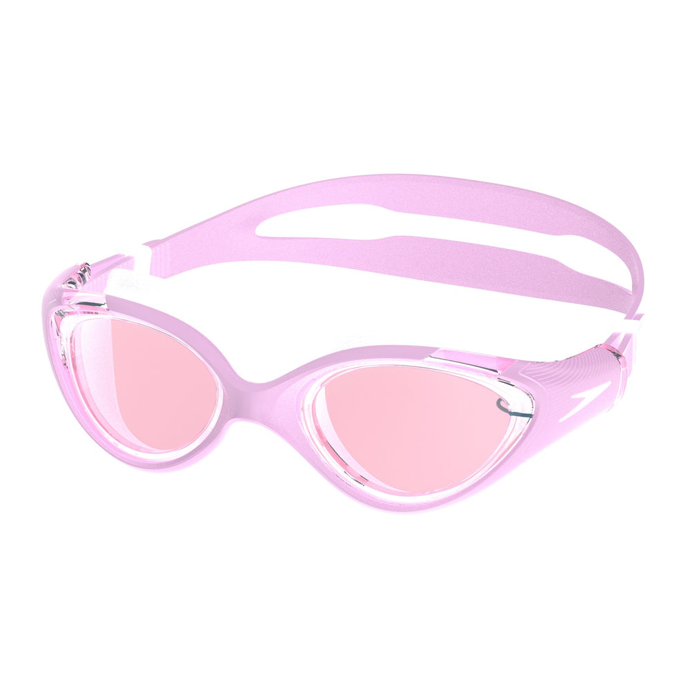 Speedo Women's Biofuse 2.0 goggles in sweet pink and vermillion with adjustable straps and clear lenses for swimming comfort