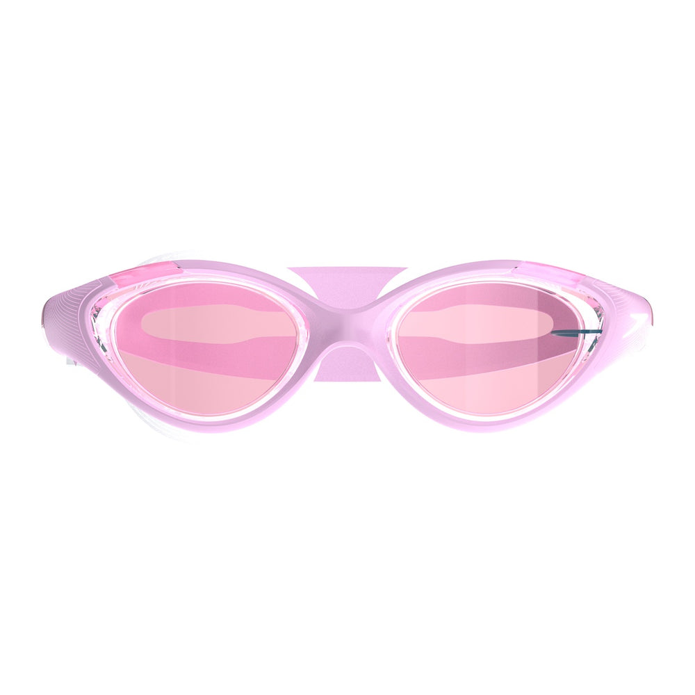 Speedo Women's Biofuse 2.0 goggles in sweet pink and vermillion with clear lenses and adjustable straps.