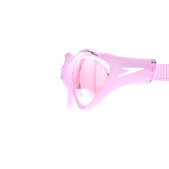 Speedo Women's Biofuse 2.0 goggles in sweet pink and vermillion with adjustable straps and clear lenses for swimming.