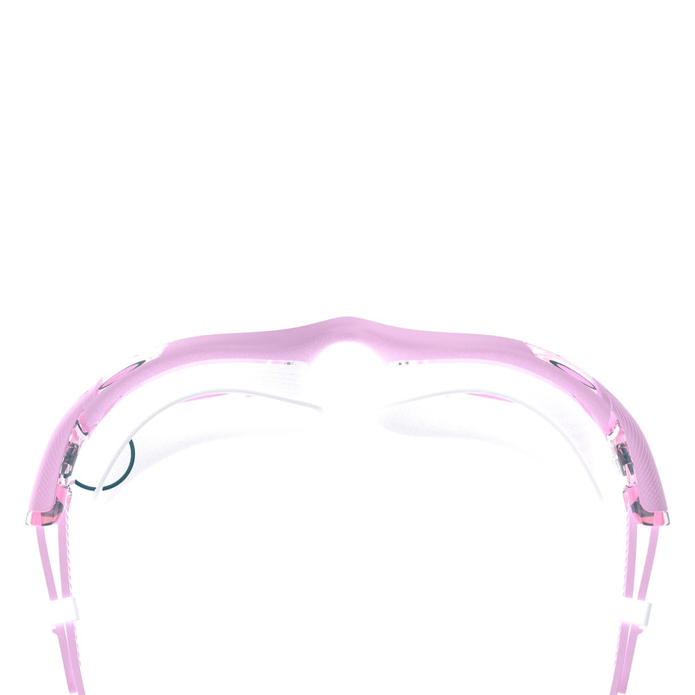 Speedo Women's Biofuse 2.0 goggles in sweet pink and vermillion with adjustable straps and clear lenses for swimming.