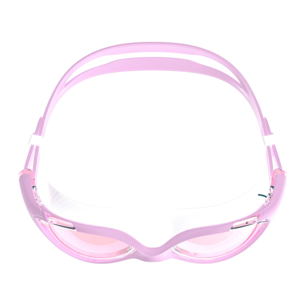 Speedo Women's Biofuse 2.0 goggles in sweet pink and vermillion with adjustable straps and clear lenses for comfortable swimming.