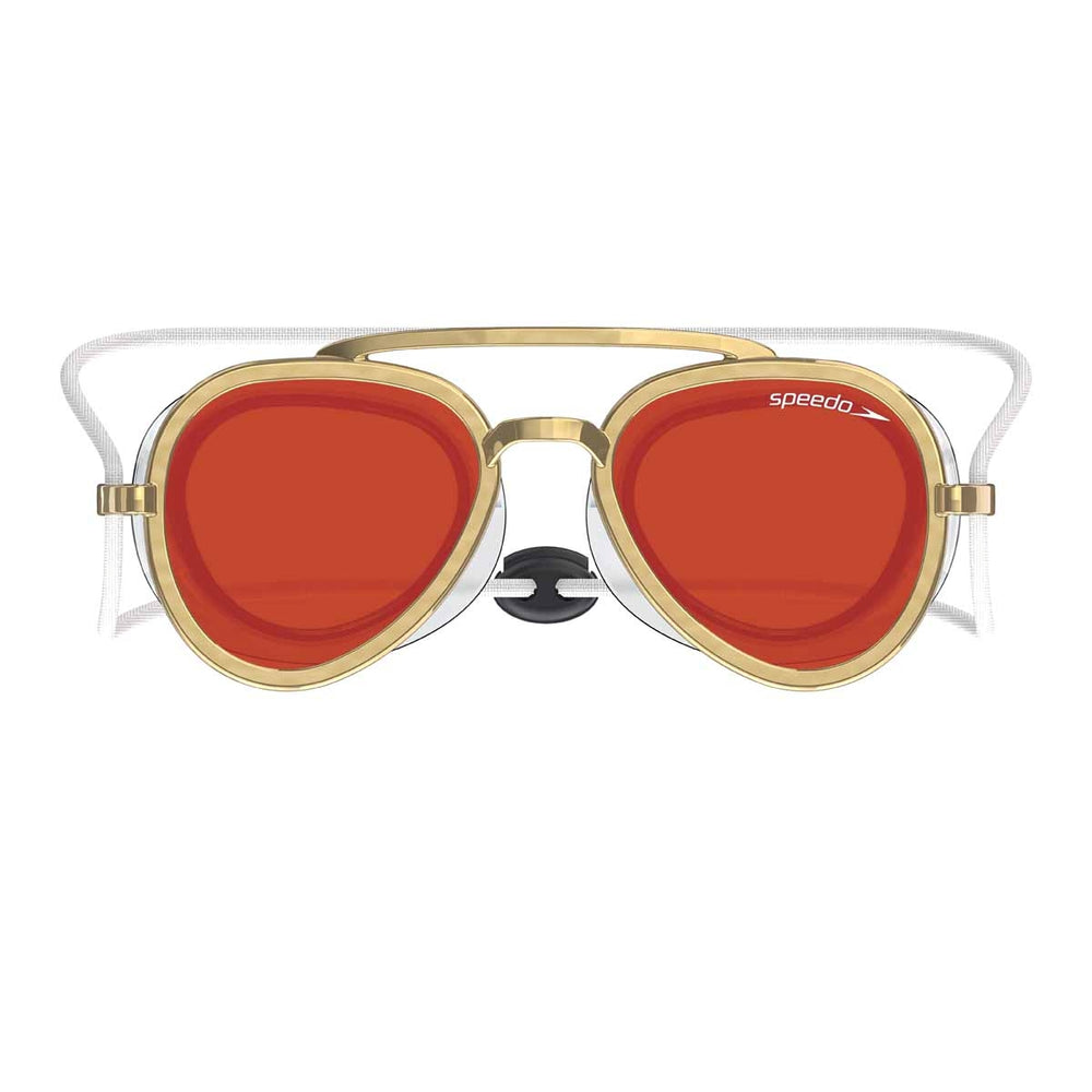 Speedo Sunny G Mariner mirrored goggles in gold, bronze, and crimson with reflective lenses for swimming or water sports.