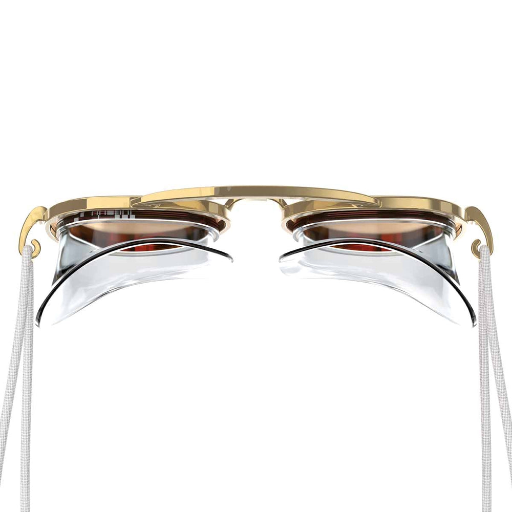 Speedo Sunny G Mariner mirrored swimming goggles in gold, bronze, and crimson with adjustable straps and reflective lenses.