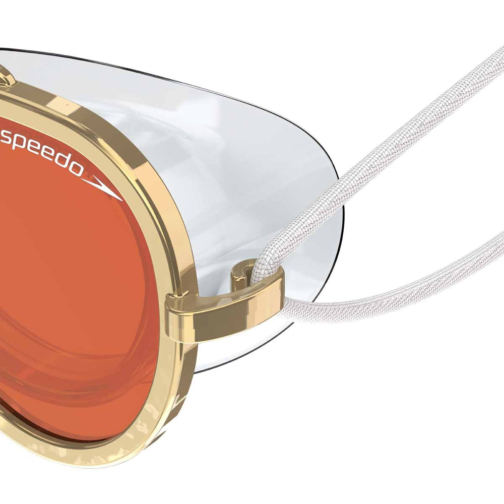 Speedo Sunny G Mariner mirrored swimming goggles in gold, bronze, and crimson with reflective lenses and adjustable straps.