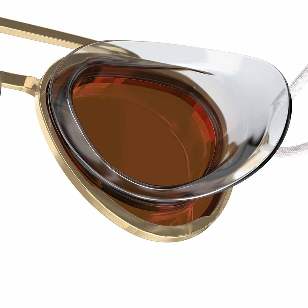 Speedo Sunny G Mariner mirrored goggles with gold, bronze, and crimson accents, featuring reflective lenses and adjustable strap.