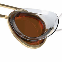 Speedo Sunny G Mariner mirrored goggles with gold, bronze, and crimson accents, featuring reflective lenses and adjustable strap.
