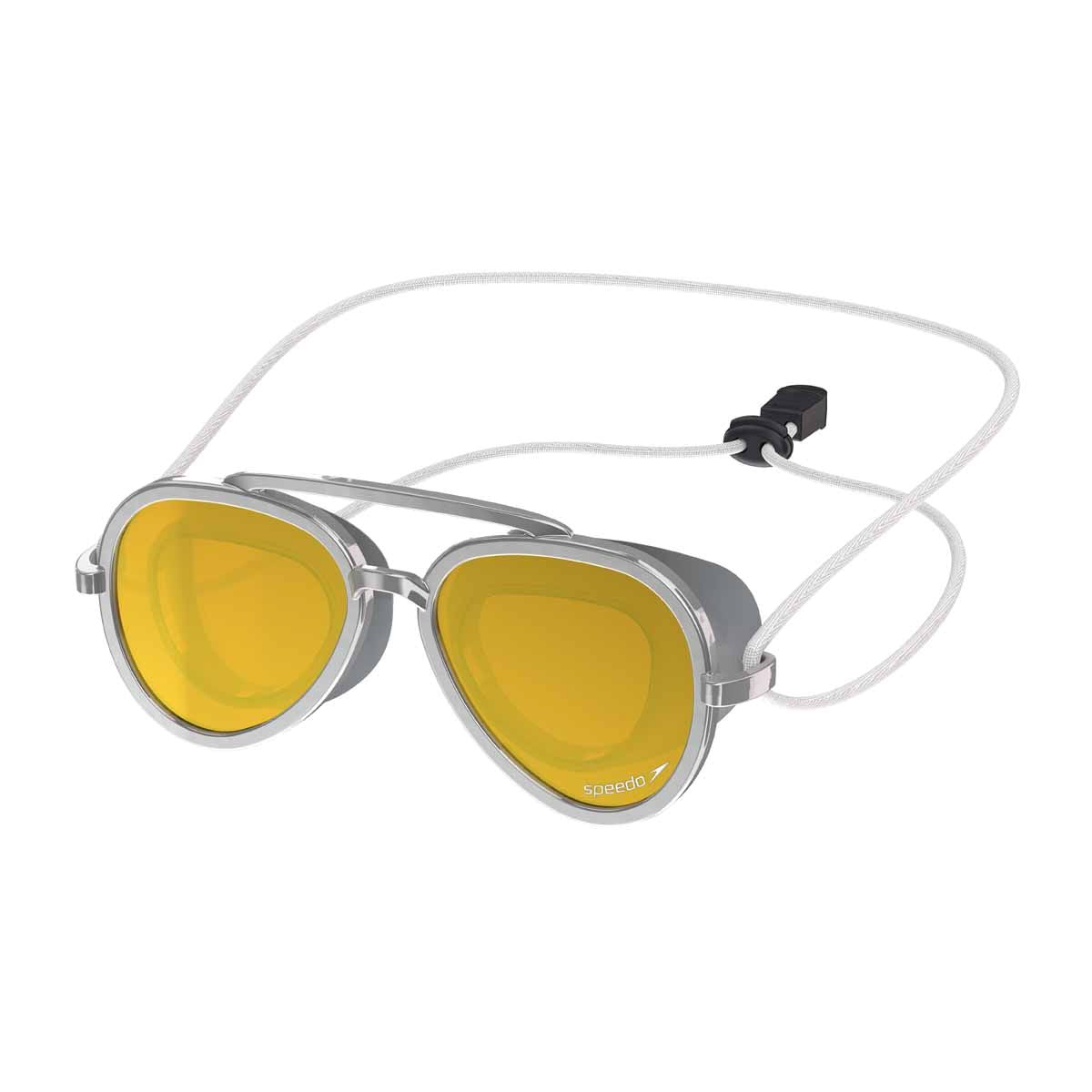 Speedo Kids Sunny G Mariner mirrored goggles in silver, bronze, and gold with reflective lenses for swimming.