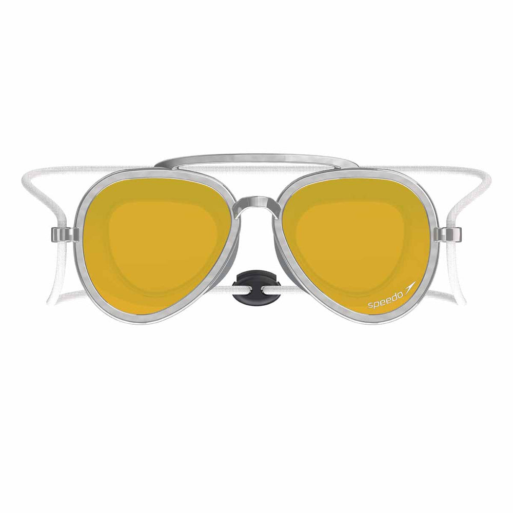 Speedo Kids Sunny G Mariner mirrored swimming goggles in silver, bronze, and gold with adjustable straps and reflective lenses.