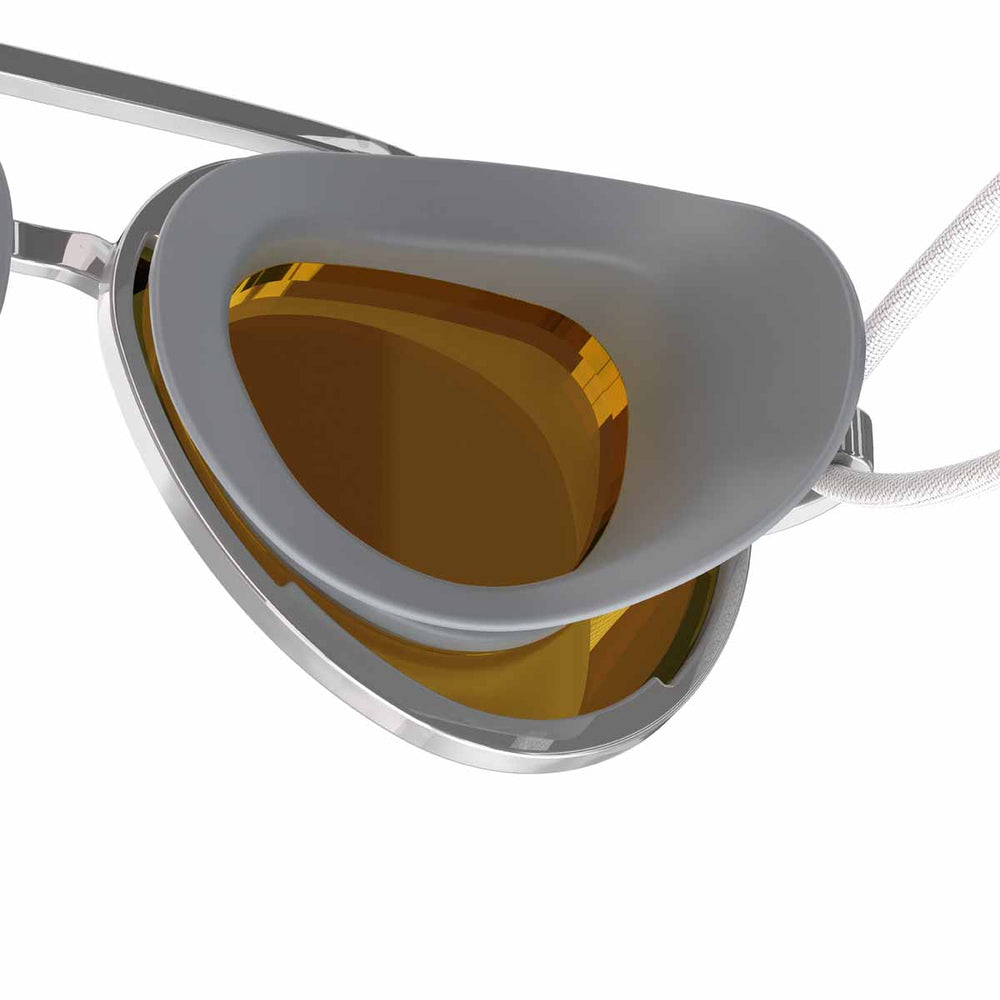 Speedo Kids Sunny G Mariner mirrored goggles in silver, bronze, and gold with reflective lenses for swimming.