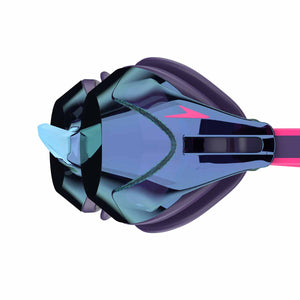 Speedo Vanquisher 3.0 mirrored goggles in acai purple, smoke, and iris mirror with adjustable straps and reflective lenses