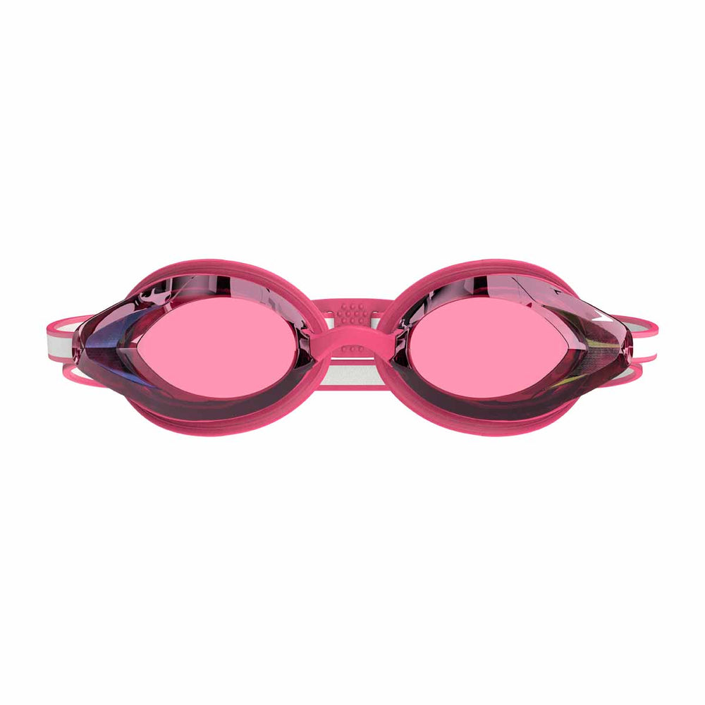 Speedo Women's Vanquisher 3.0 mirrored goggles in Margarita Pink, Ablaze, and Punch with reflective lenses for swimming.