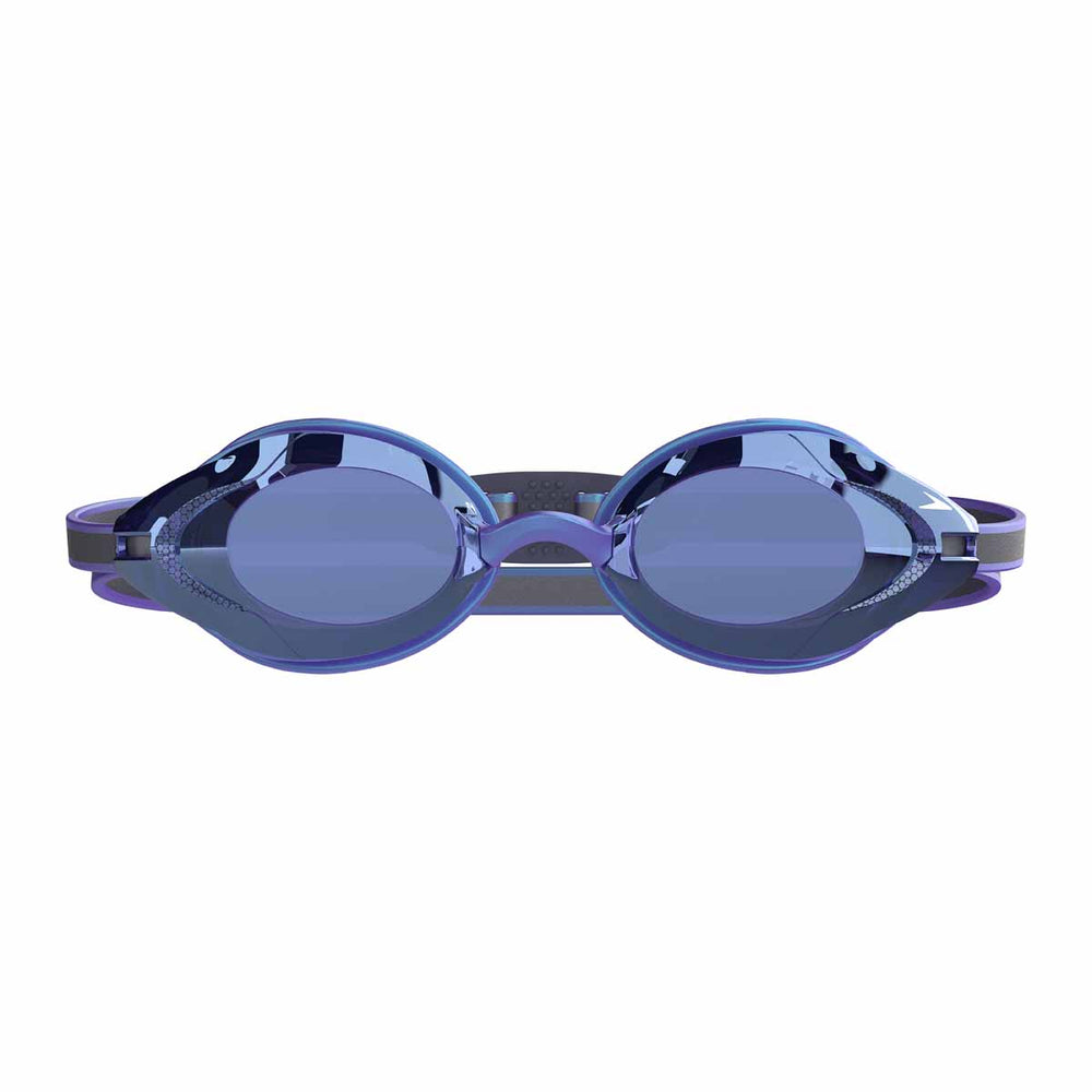 Speedo Vanquisher 3.0 mirrored goggles in dusk purple, iridescent midnight purple, with matte iris mirror ultra violet lenses.
