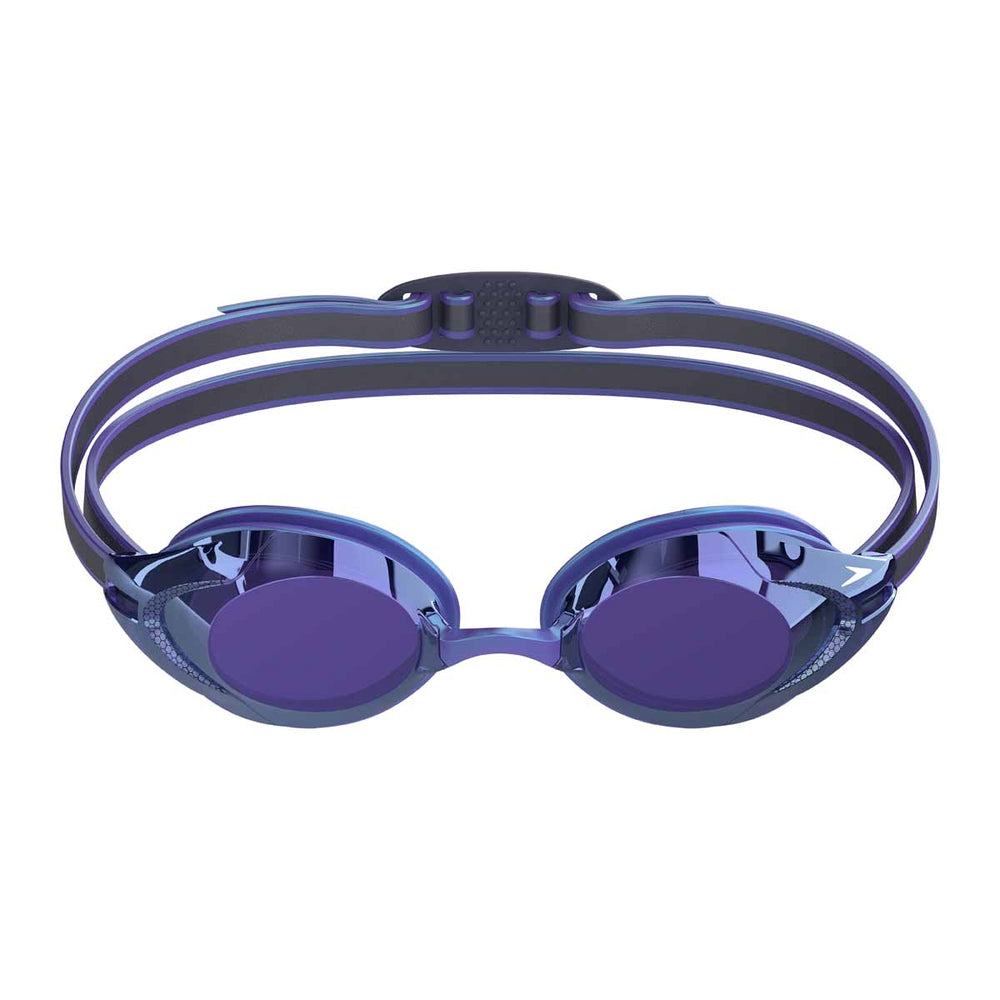 Speedo Vanquisher 3.0 mirrored goggles in dusk purple, iridescent midnight purple, and matte iris mirror ultra violet, designed for swimming.