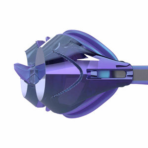 Speedo Vanquisher 3.0 mirrored goggles in dusk purple, iridescent midnight purple, and matte iris mirror violet, designed for swimming.