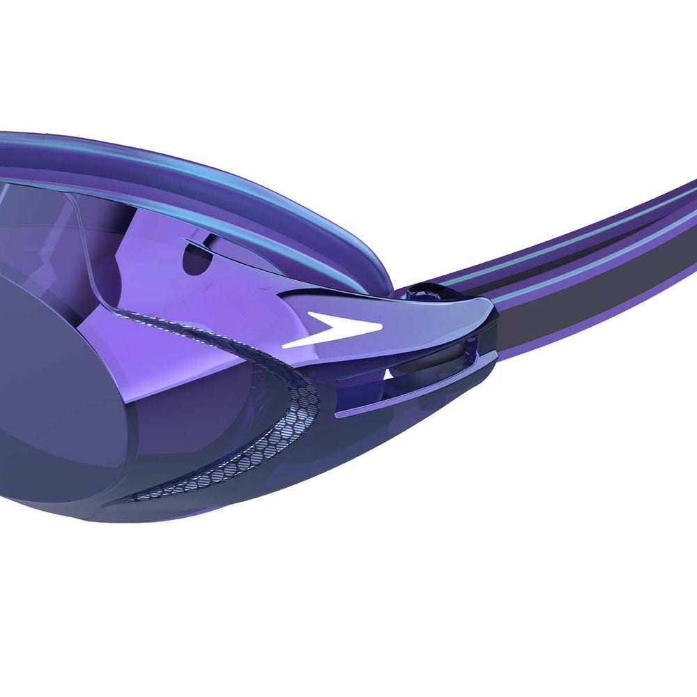 Speedo Vanquisher 3.0 mirrored goggles in dusk purple, iridescent midnight purple, and violet mirror lenses, designed for swimming.