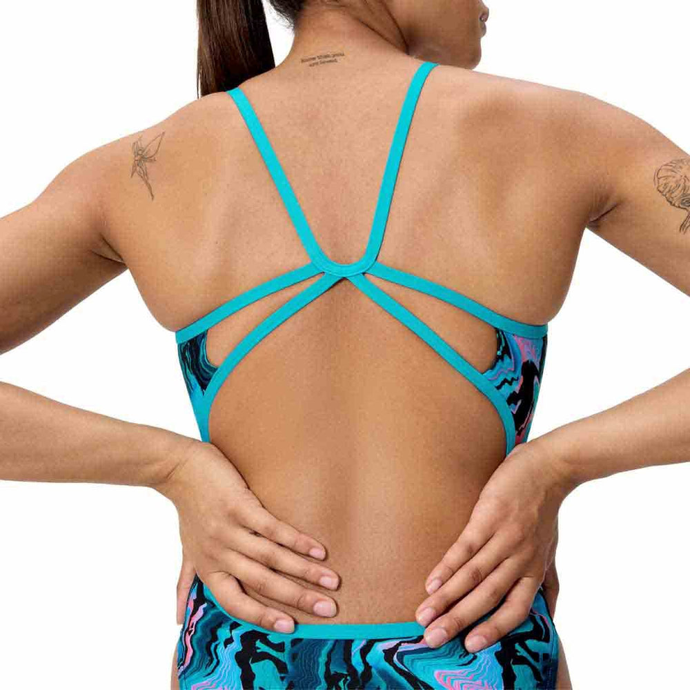 Speedo women's printed web back swimsuit in black and multi-color with a sleek design and supportive fit.