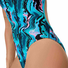 Speedo women's FL printed web back swimsuit in black and multi-color with a stylish, supportive design for swimming.