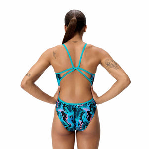 Speedo women's printed web back swimsuit in black and multi-colored design, featuring a supportive fit and stylish swimwear.